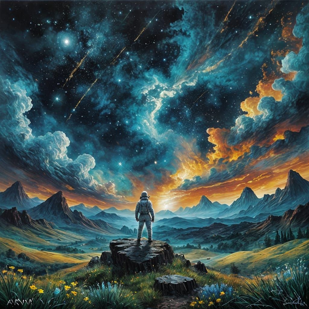 Cosmic Dreamscape in Vibrant Gouache