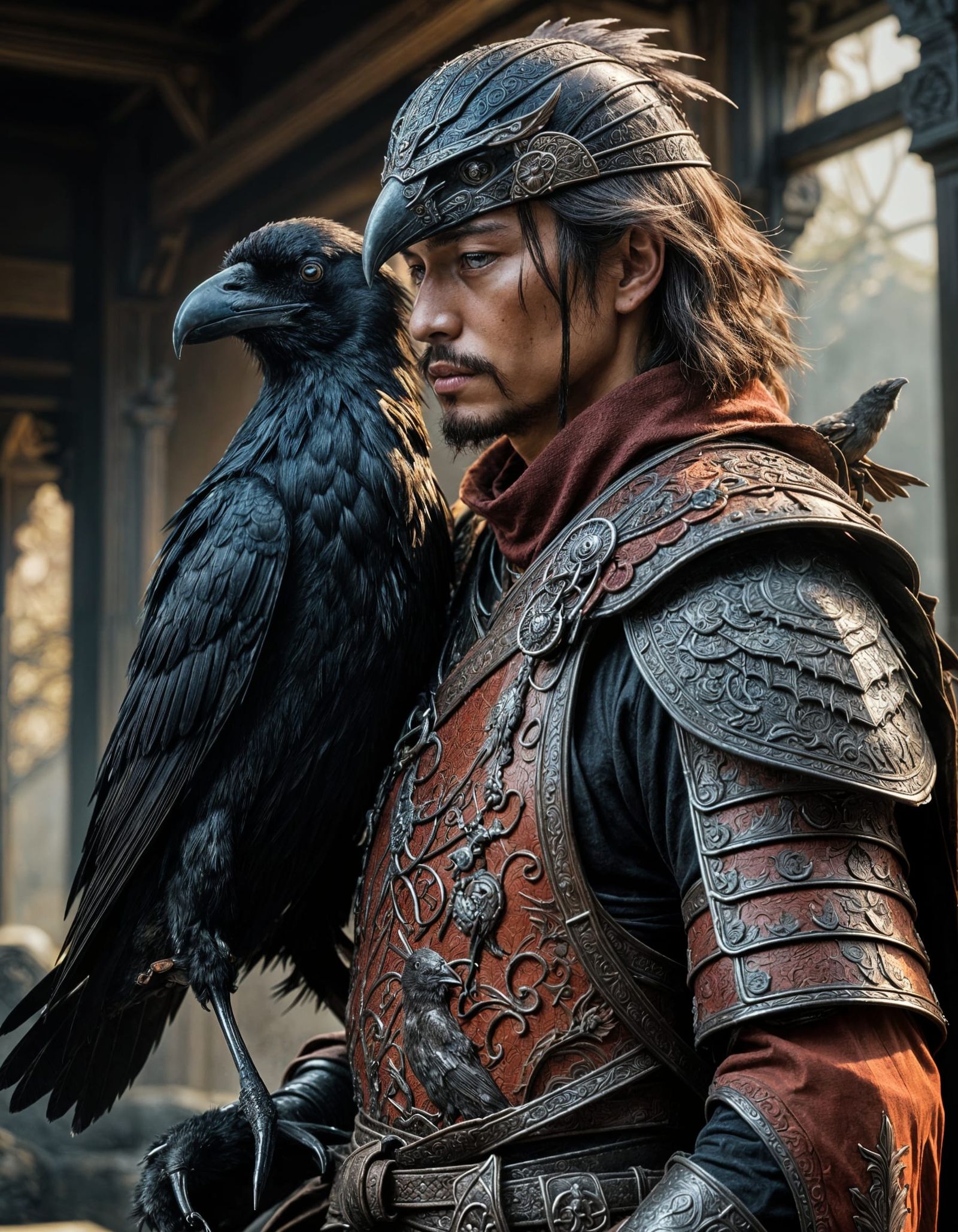 Samurai Warrior with Raven: Fantasy Art Portrait