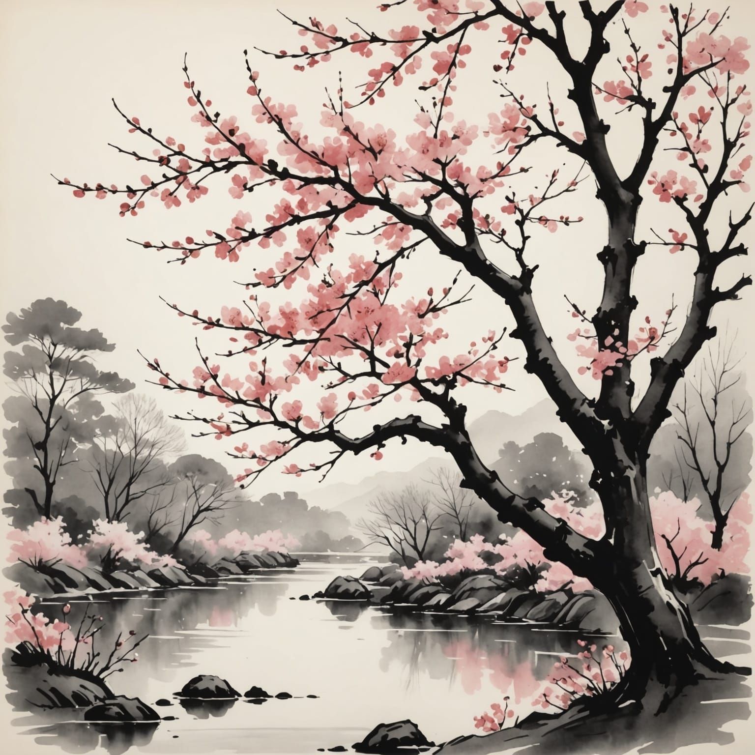 Traditional Sumi-e Cherry Blossom Trees in Serene Ethereal S...