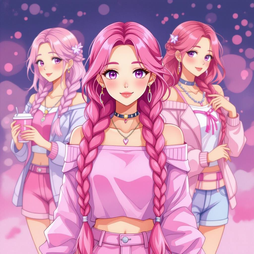 Anime Woman with Pink Braids and Clothes in Watercolor Style