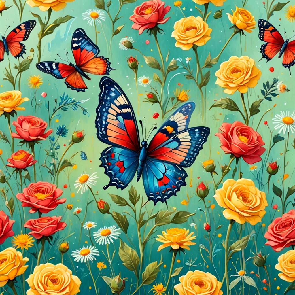Blue-Red Butterfly on Yellow Rose, Gouache Style