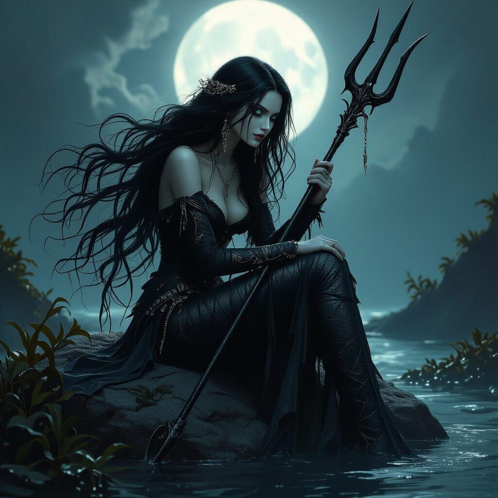 Gothic Mermaid with Obsidian Trident in Dark Ocean