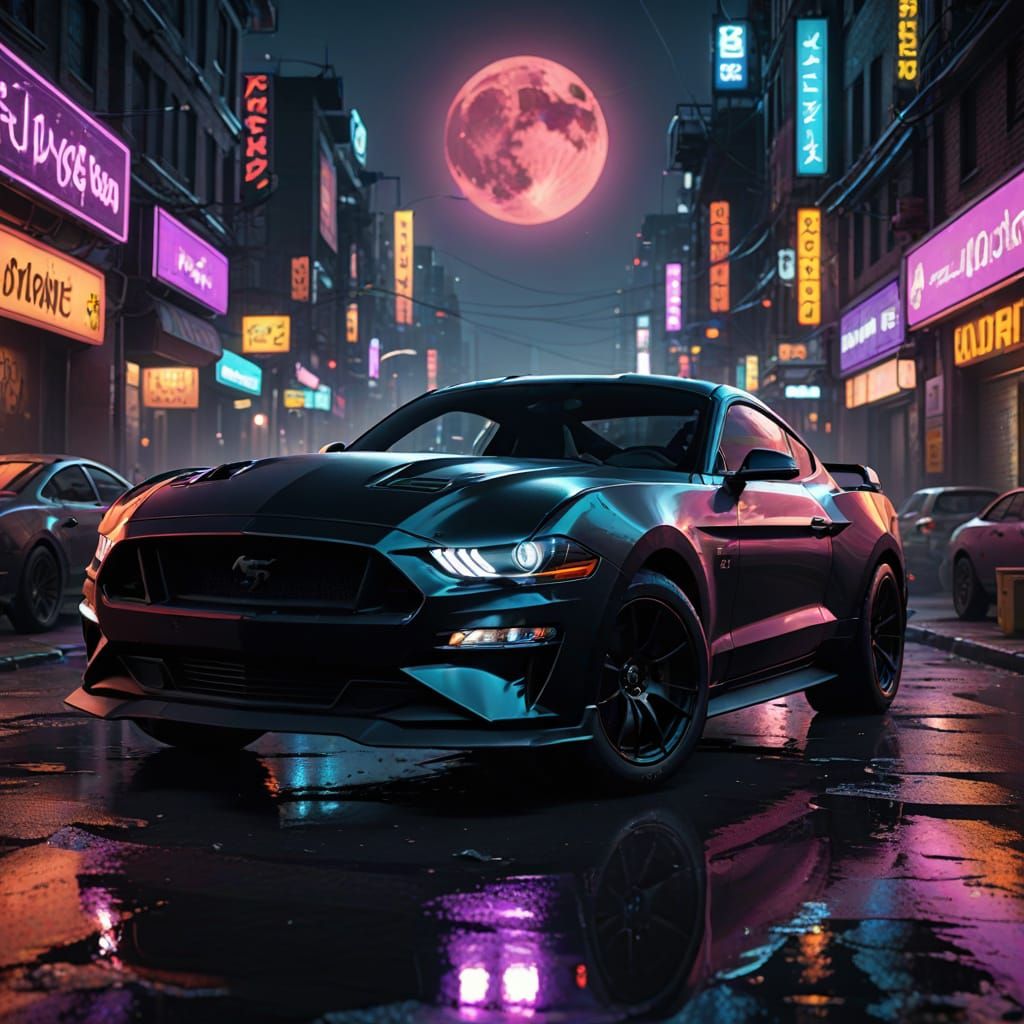 Cyberpunk Mustang Speeds Through Futuristic City Under Blood...