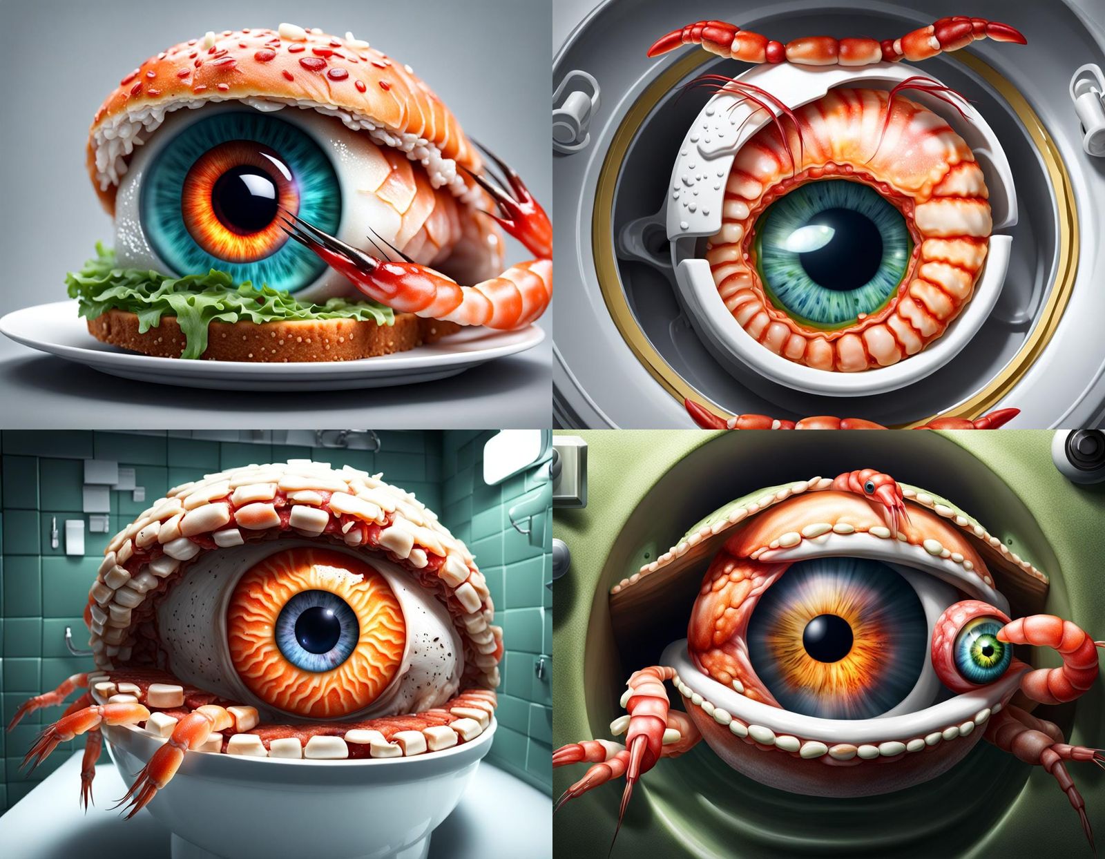 Surreal Mutant Eyeball Prawn Sandwich in Toilet