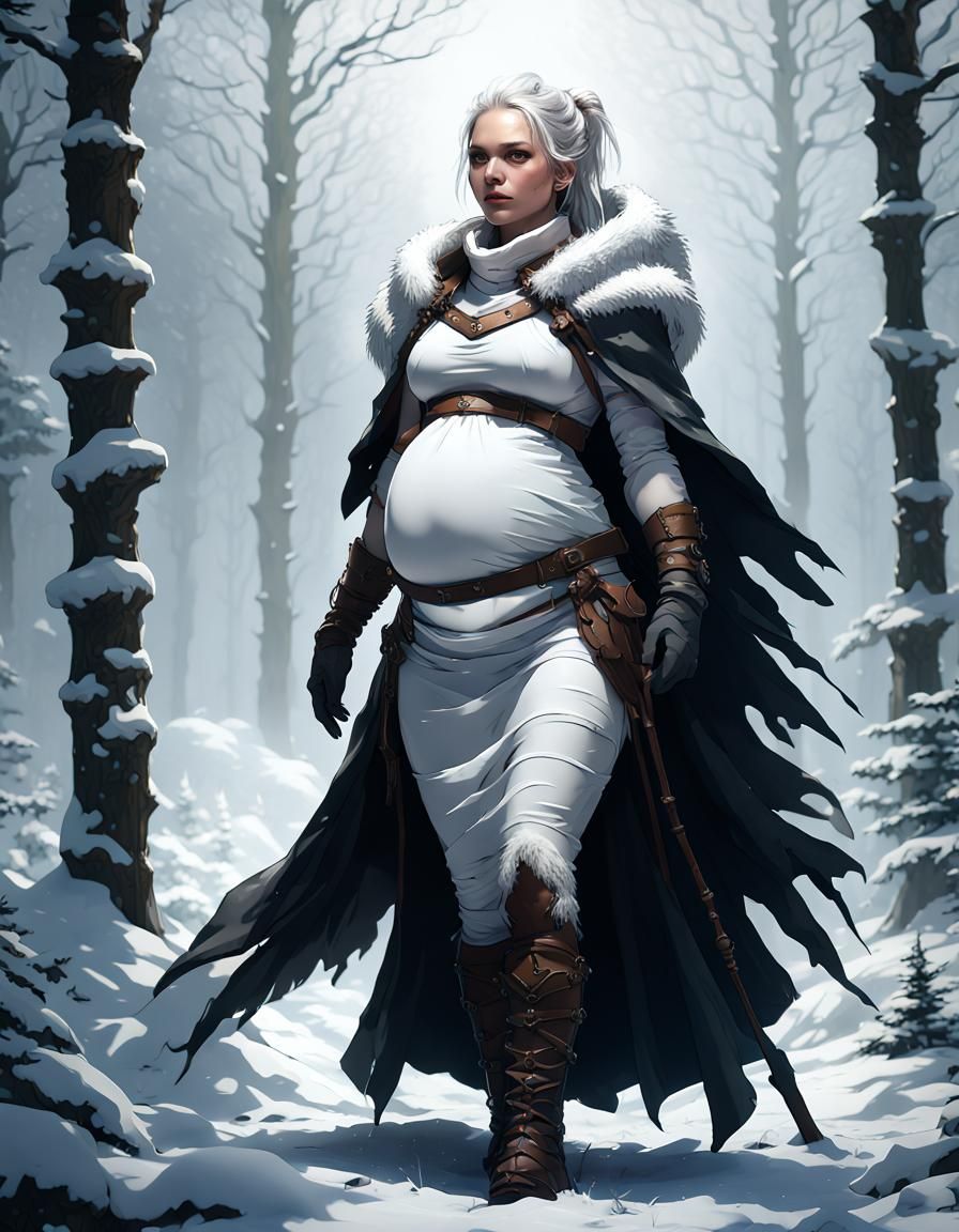 Pregnant Ranger in Snowy Forest, Dark Fantasy Art
