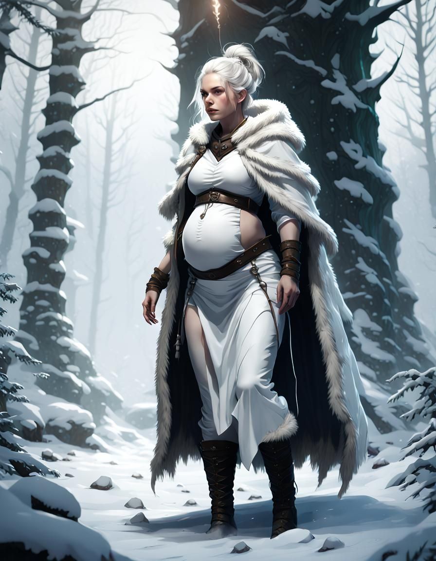 Pregnant Ranger in Snowy Forest, Dark Fantasy Art