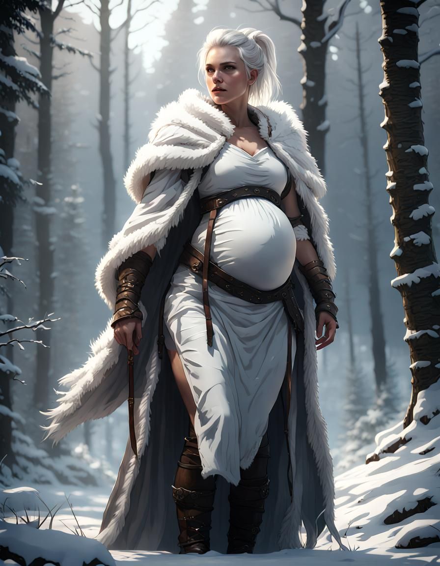 Pregnant Ranger in Snowy Forest: Dark Fantasy Art