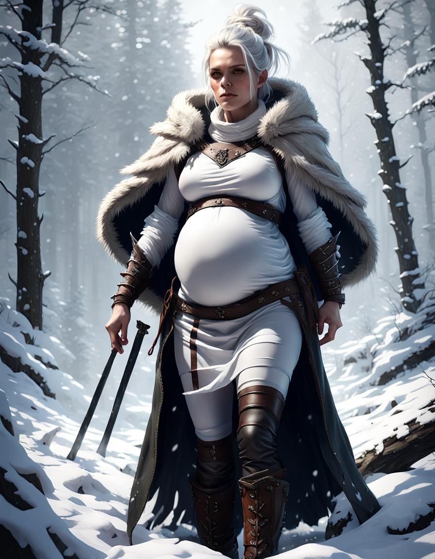 Pregnant Ranger in Snowy Forest, Dark Fantasy Art