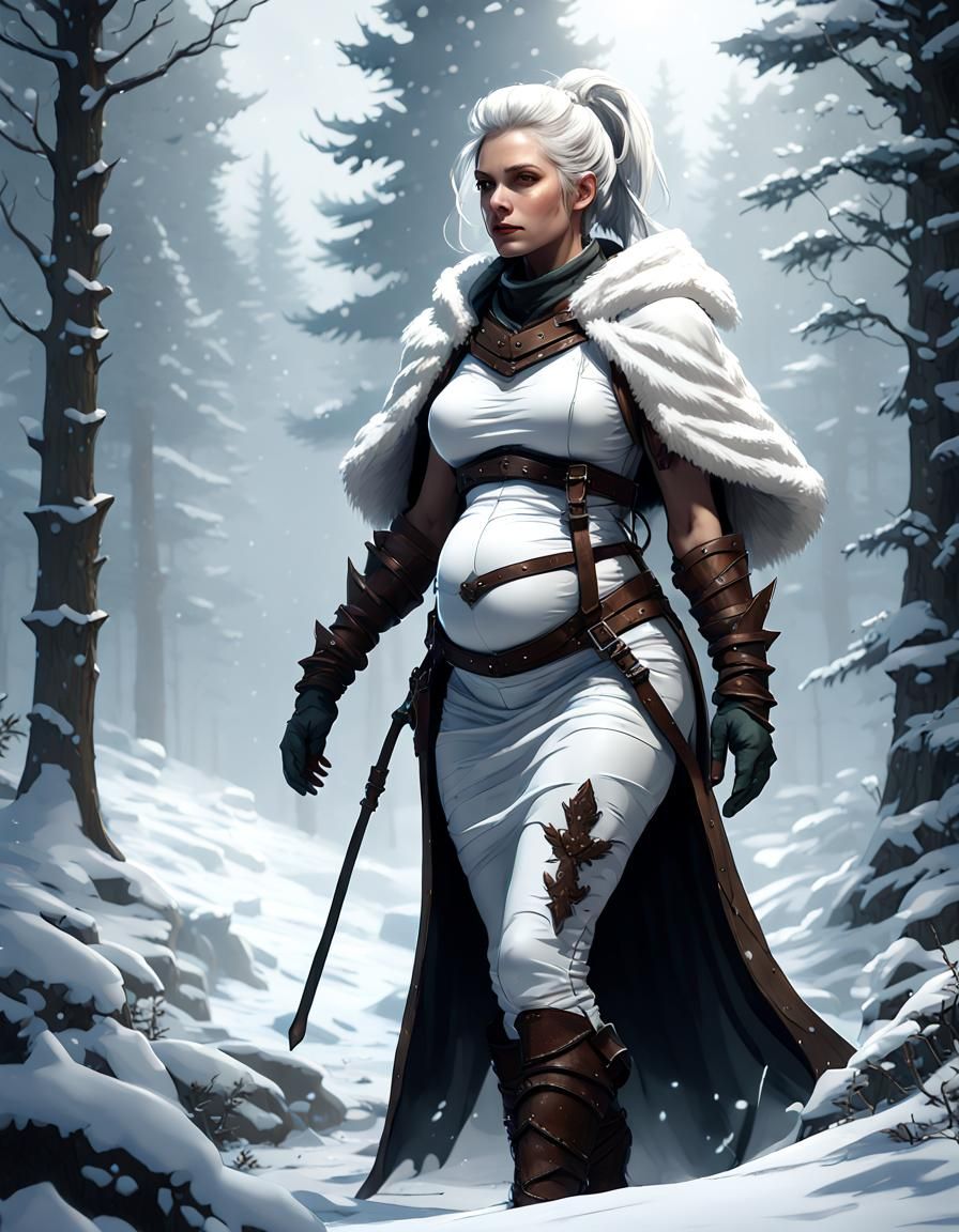 Pregnant Ranger in Snowy Forest, Dark Fantasy Art