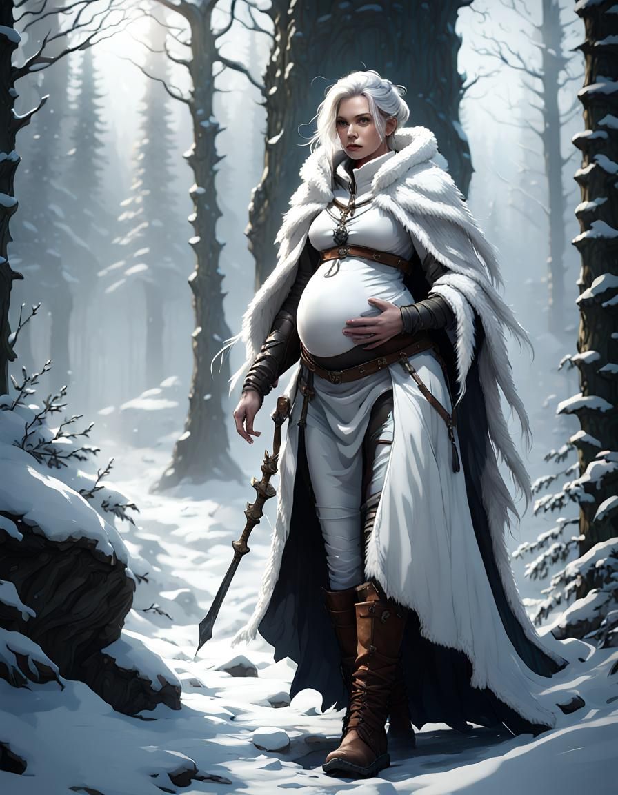 Pregnant Ranger in Snowy Forest as Dark Fantasy Art