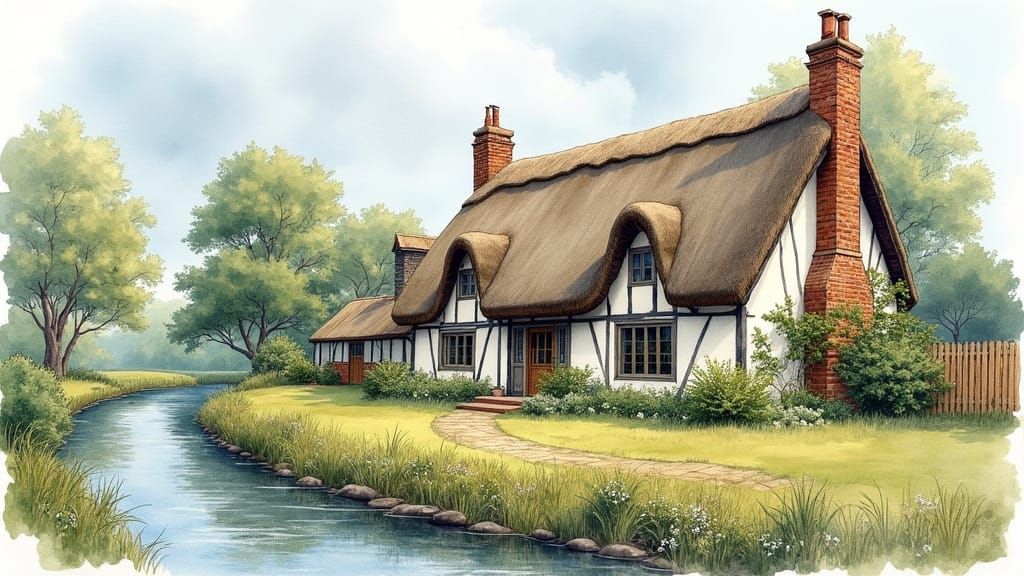 Rustic Watercolor Cottage by a Serene River