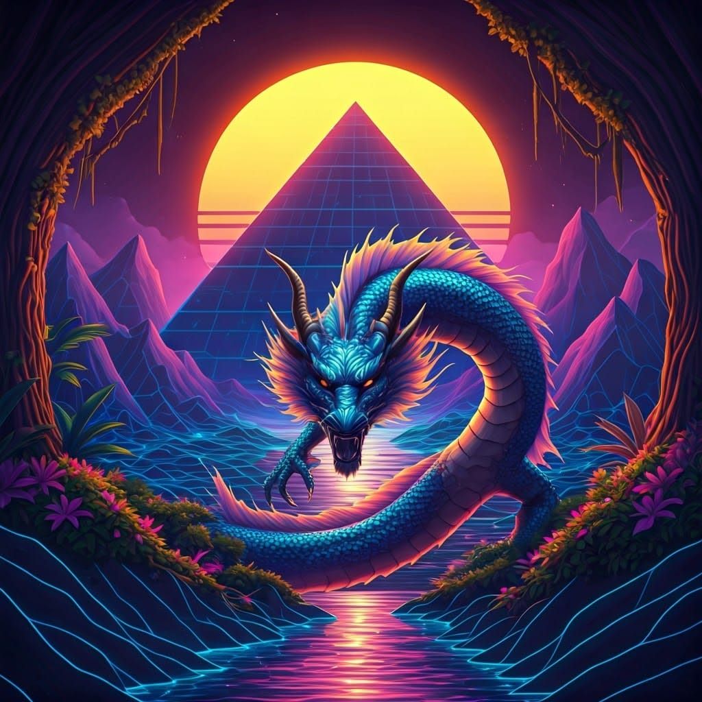 Majestic Dragon Coils in Synthwave Landscape