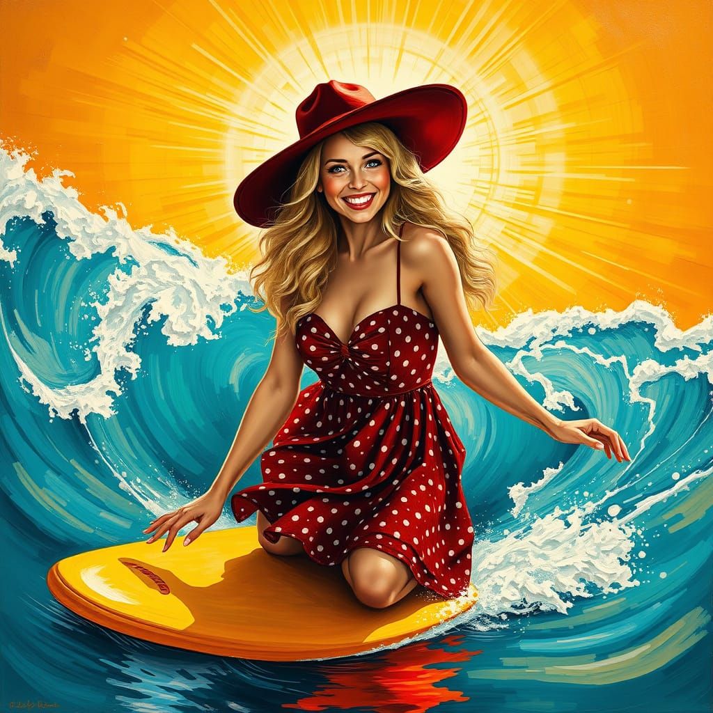 Radiant Surfer in Impasto Oil Painting