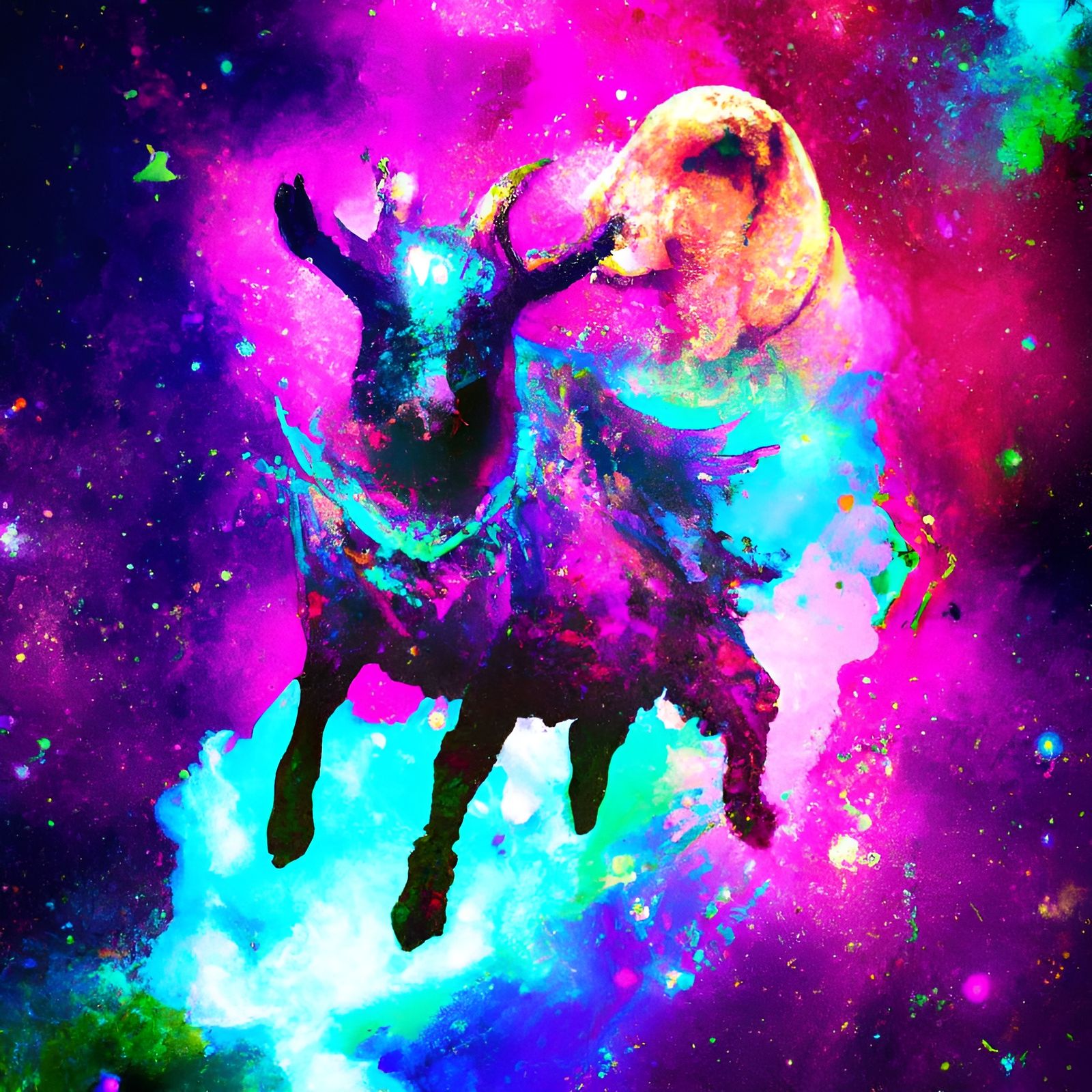 Anime Goat Soars Through Space Nebula