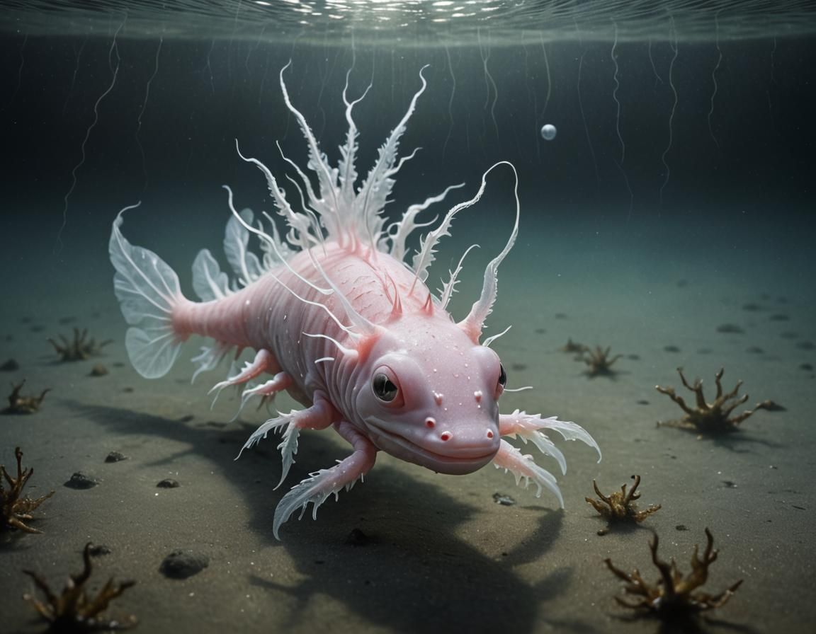 Surreal Axolotl Floats in Dreamlike Pool
