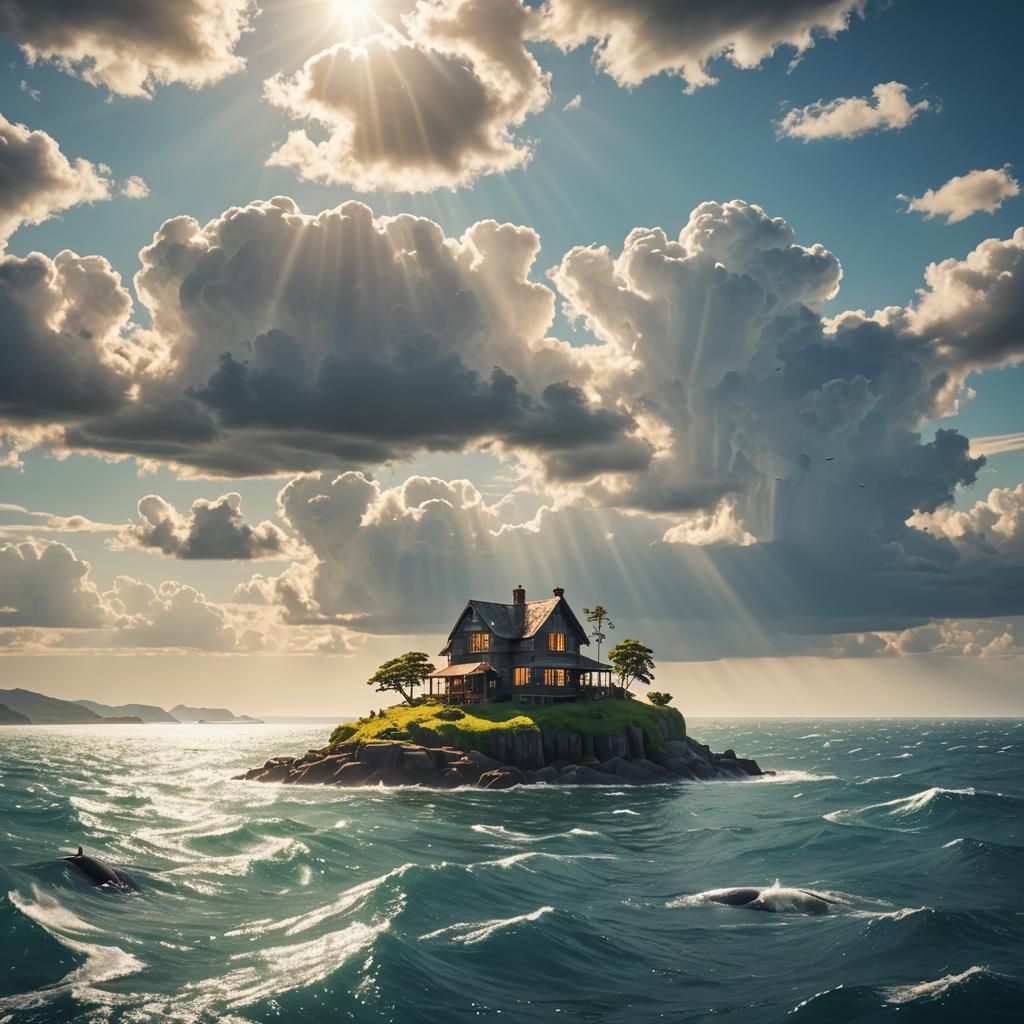 Island House Surrounded by Whales in Divine Light