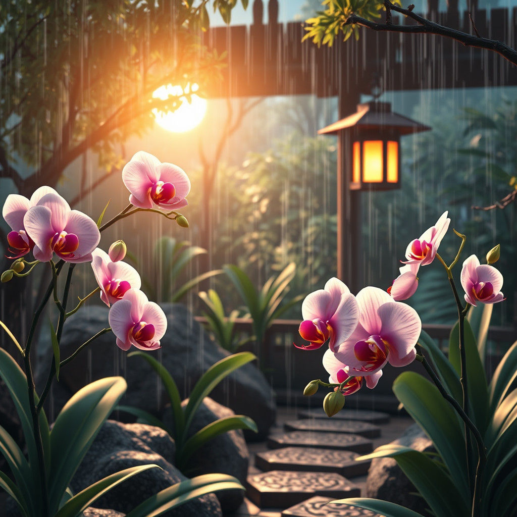 Orchids in Zen Garden: 3D Anime Art