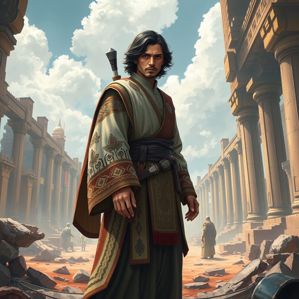 Ben Solo Amidst Jedi Ruins in Madhubani Style