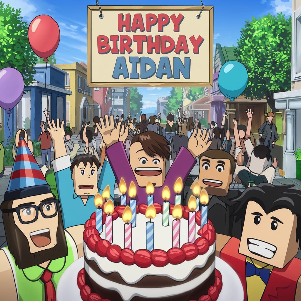 A Sign that says in bold letters, "Happy Birthday Aidan" in a Roblox town full of people who are celebrating a birthday ...
