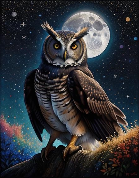 Owl Soaring at Night in Pointillism Style