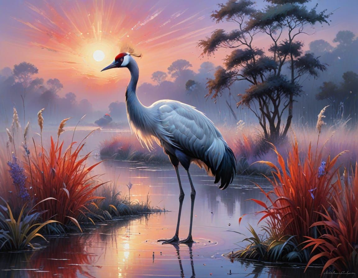 Red-Crowned Crane in Misty Twilight, Sumi Ink Style