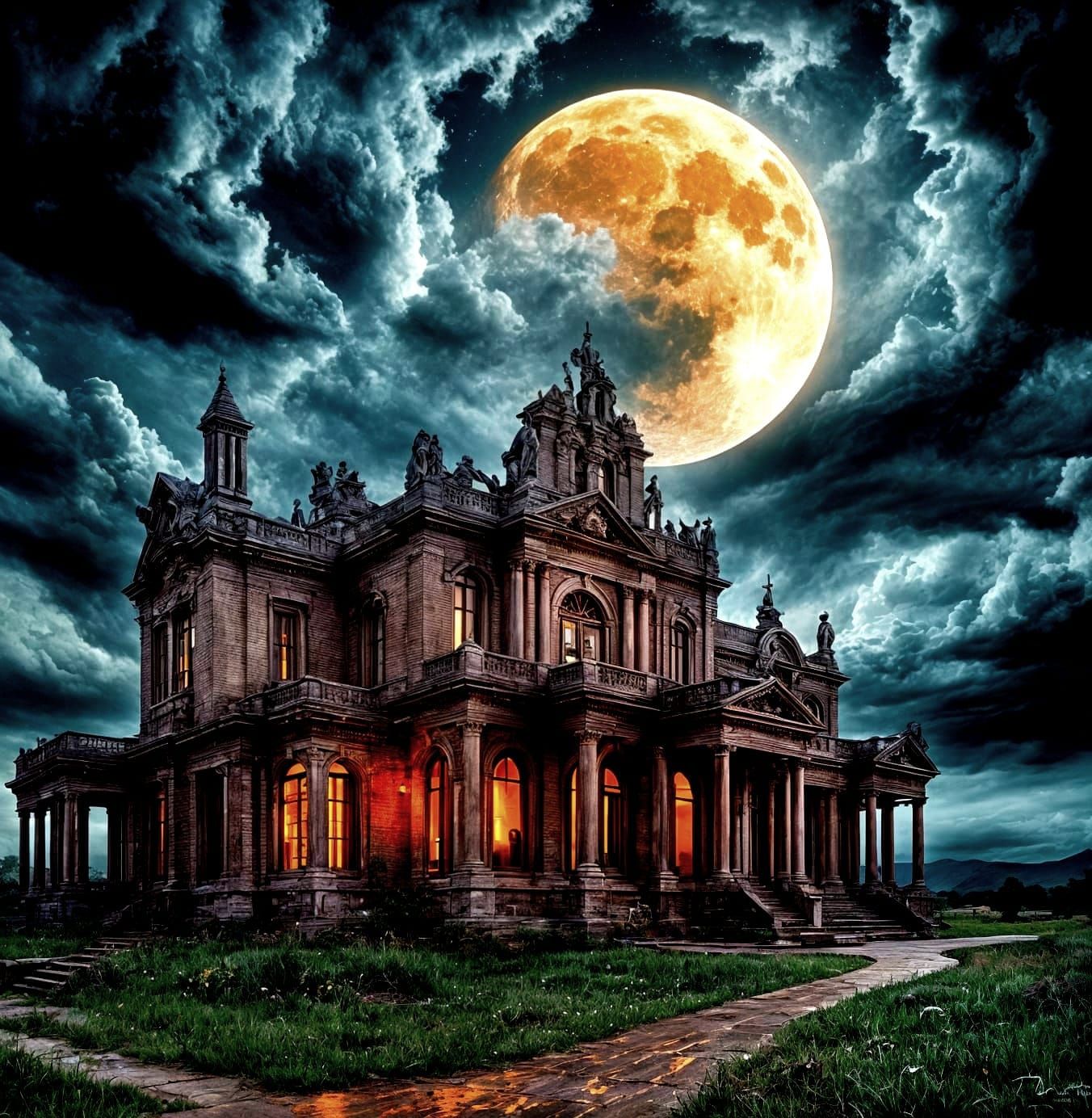 Surreal Brick House Under Stormy Moon