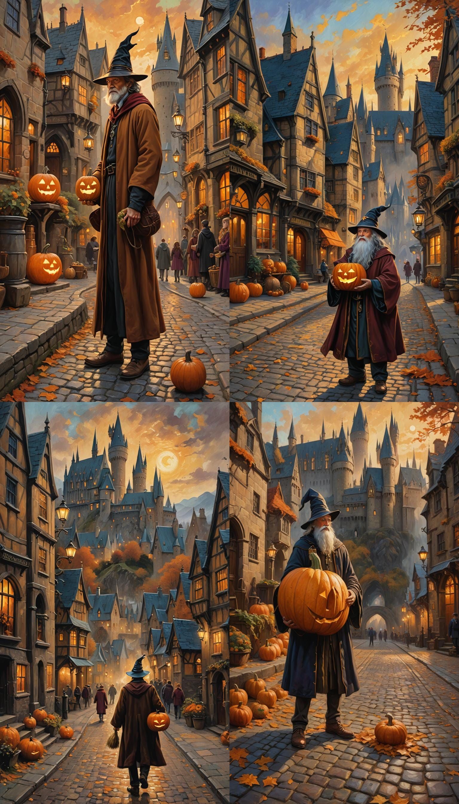 Hogsmeade Street Scene in Autumn, Oil Painting