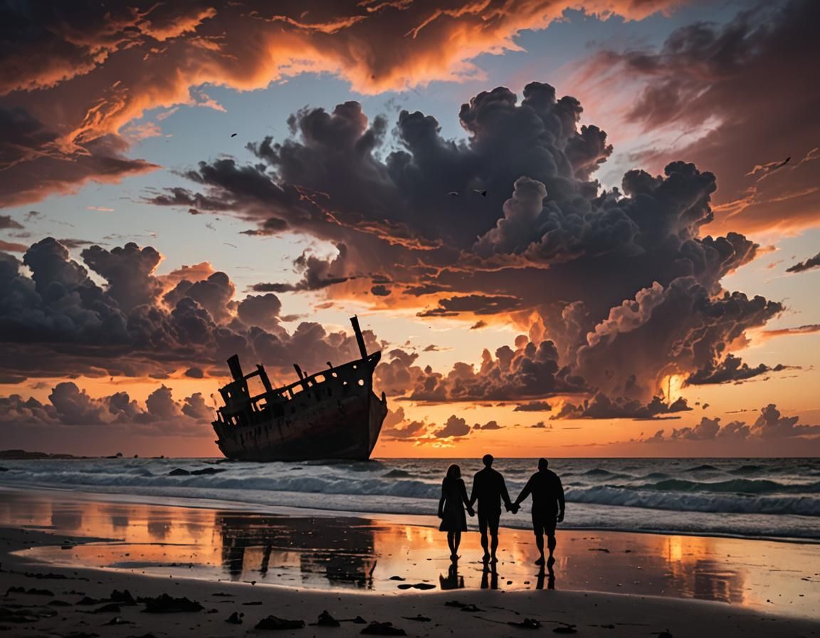 Couple Silhouetted at Sunset Watching Shipwreck