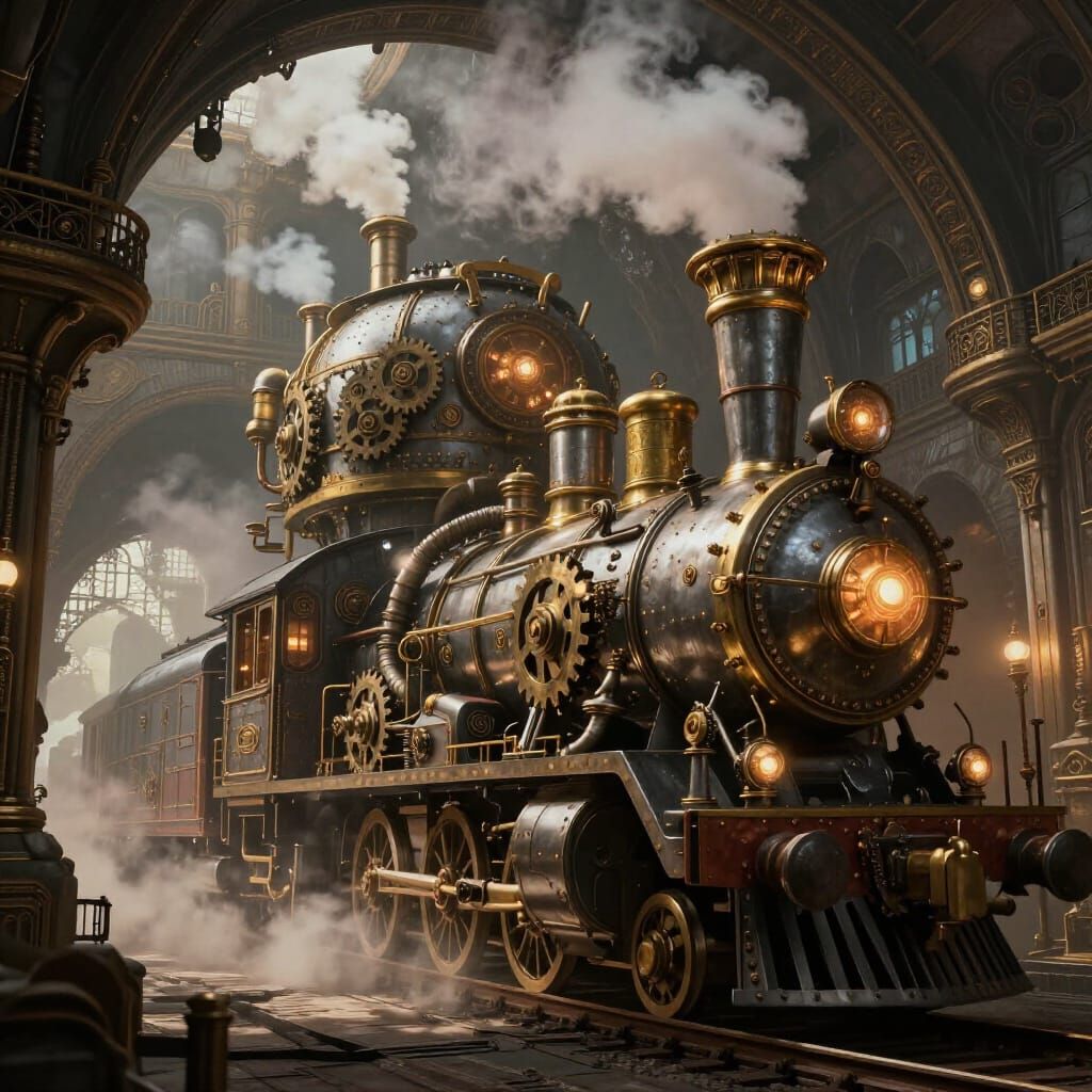 Colossal Steampunk Train in Ornate Tunnel