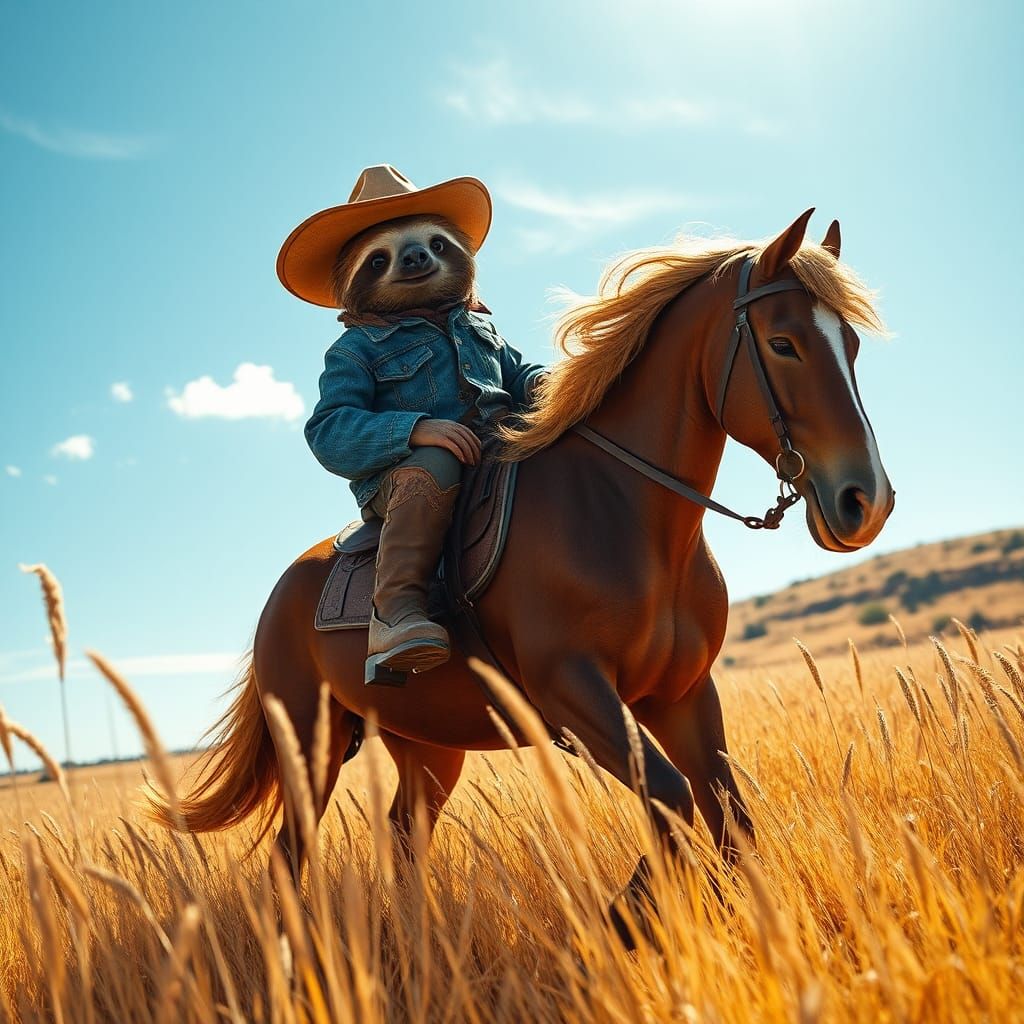 Sloth Cowboy Rides Horse in Hyperrealistic Style