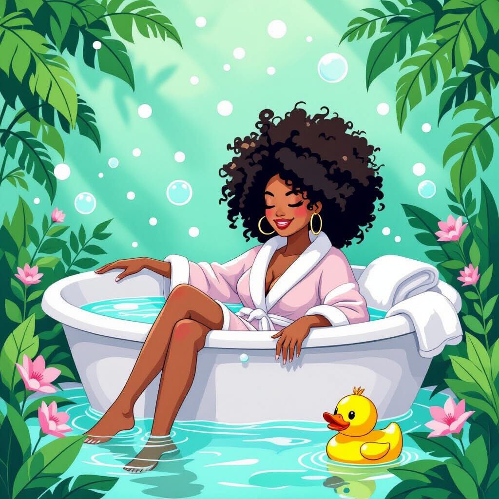 Woman's Relaxing Bubble Bath in Kawaii Pop Art Style