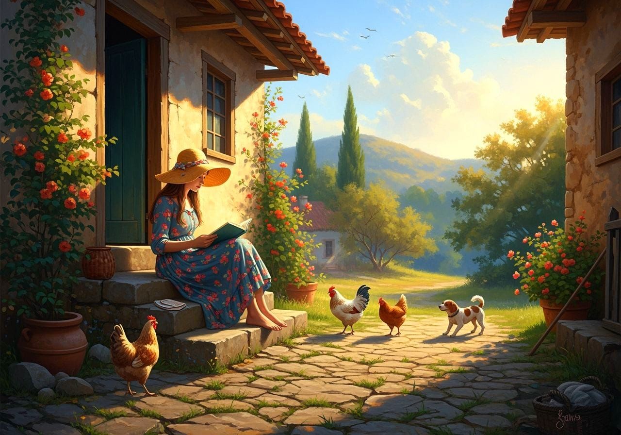 Girl Reading on Steps in Sunlight Oil Painting