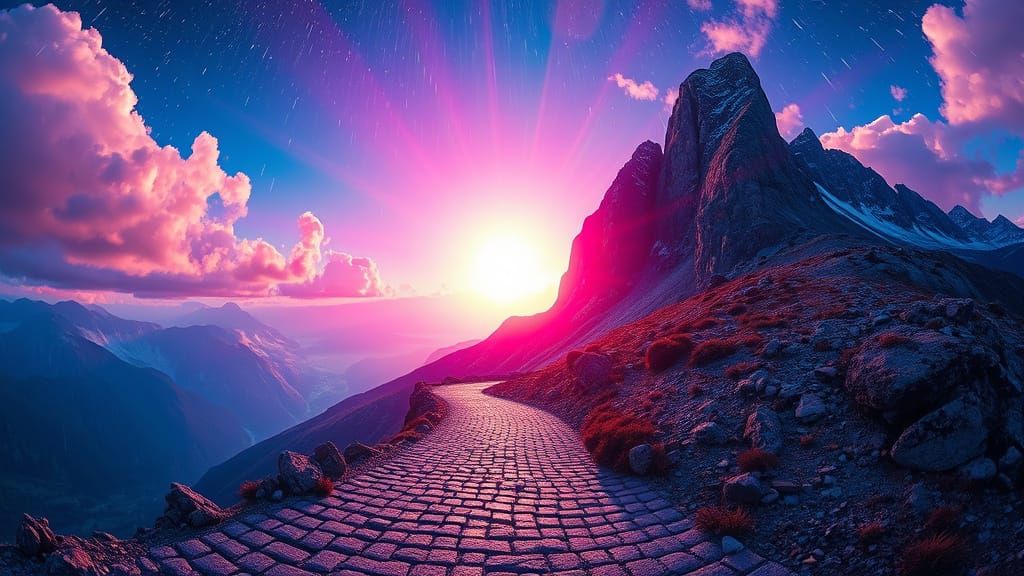 Neon Mountain Road in Hyperrealistic Style