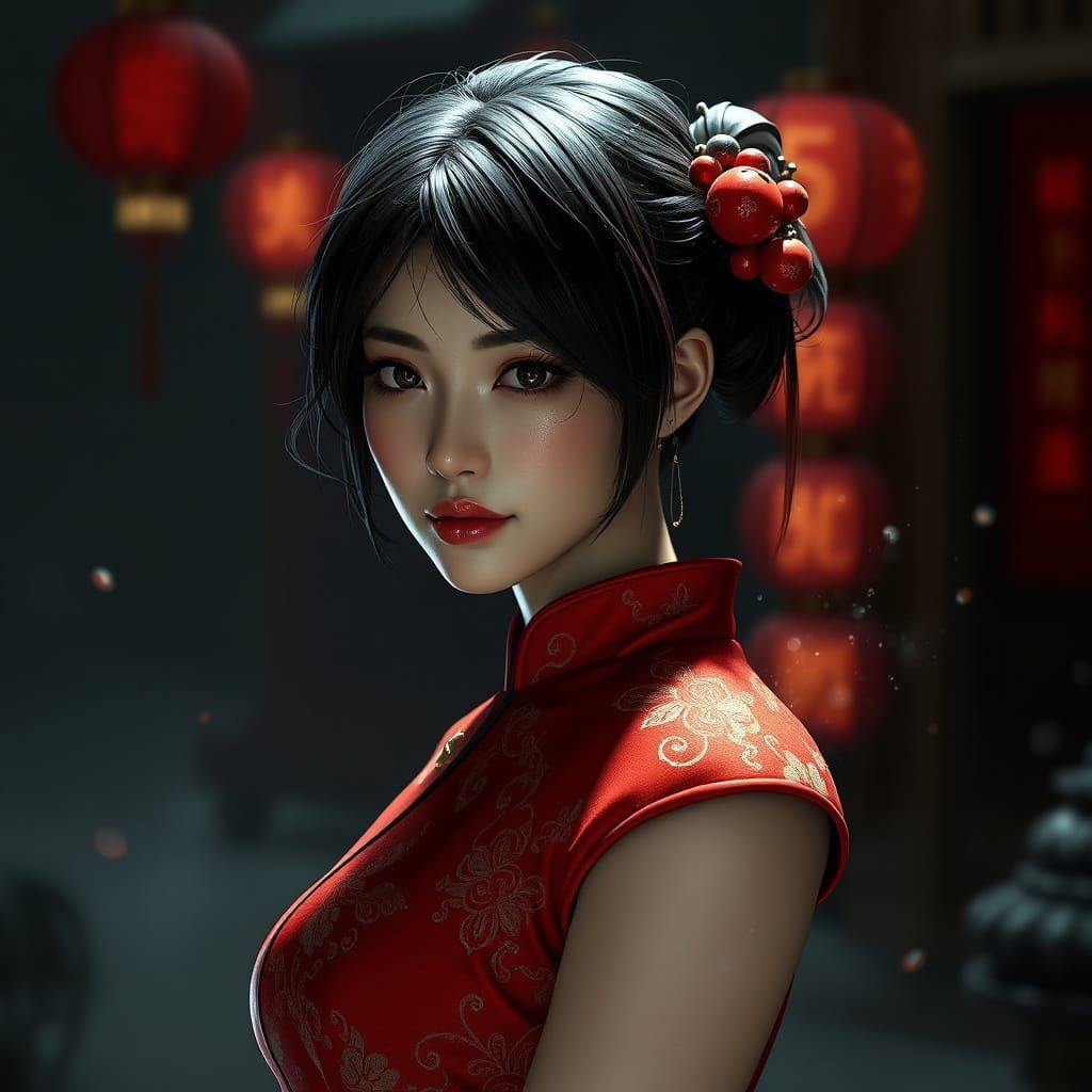 Ada Wong in Red Cheongsam: Stylized Digital Portrait