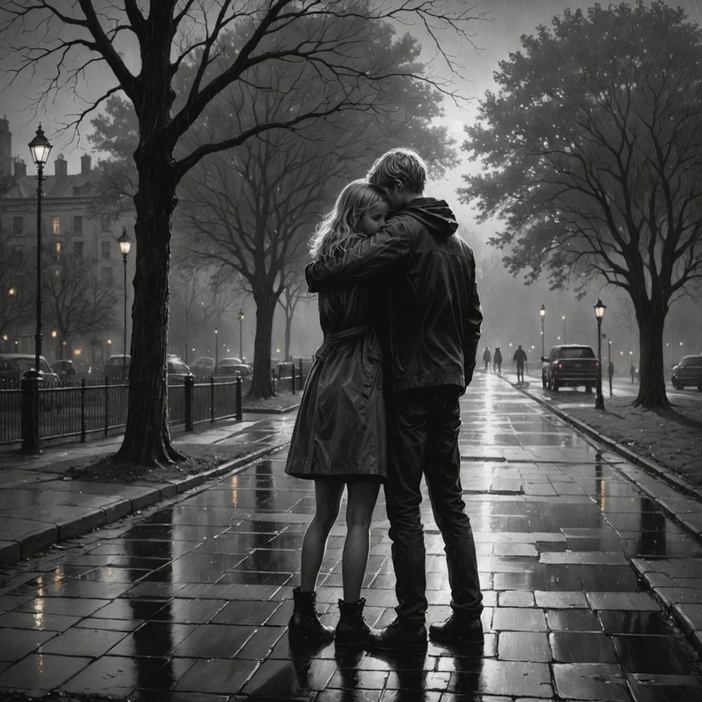 Siblings' Twilight Embrace: A Charcoal Drawing