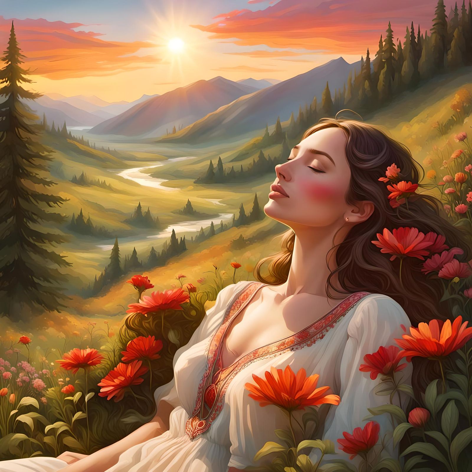 Boho Woman in Lush Meadow at Sunset