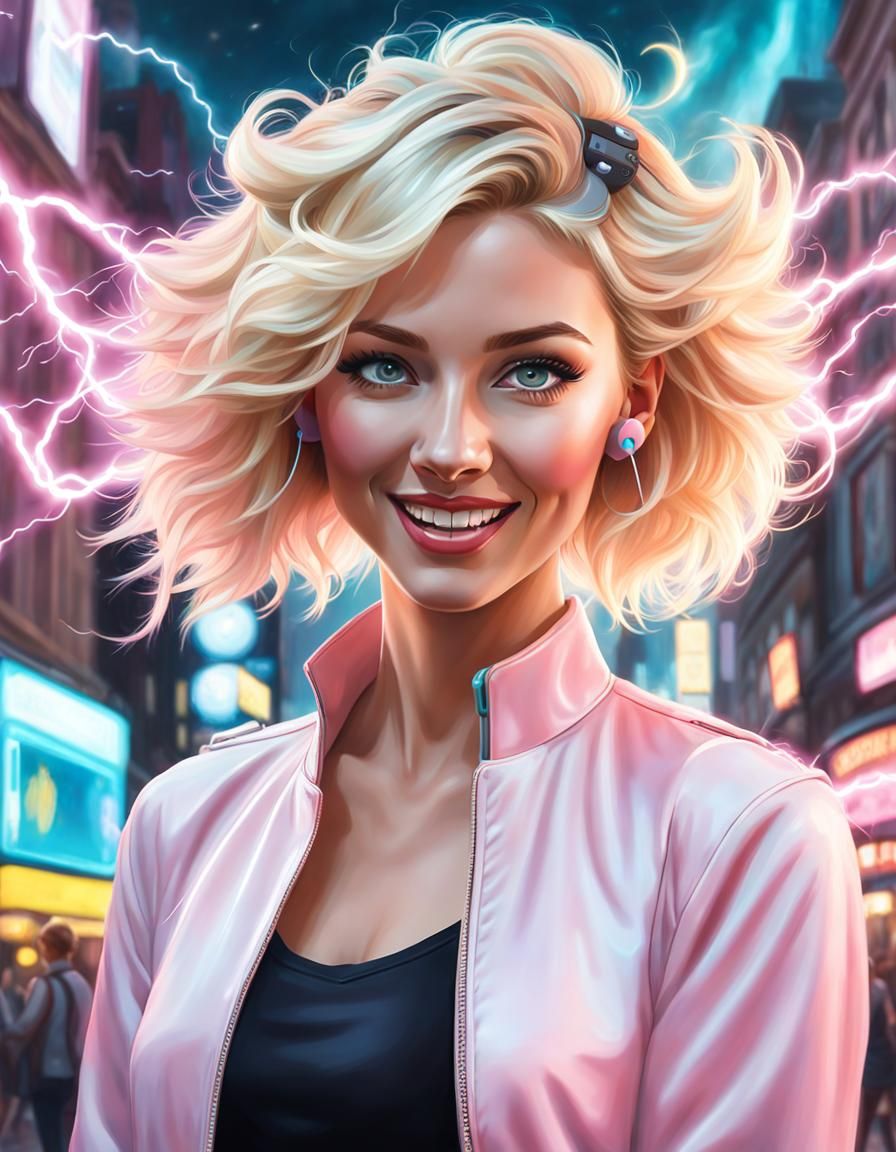 Blonde Hacker with Lightning Powers in Sci-Fi City