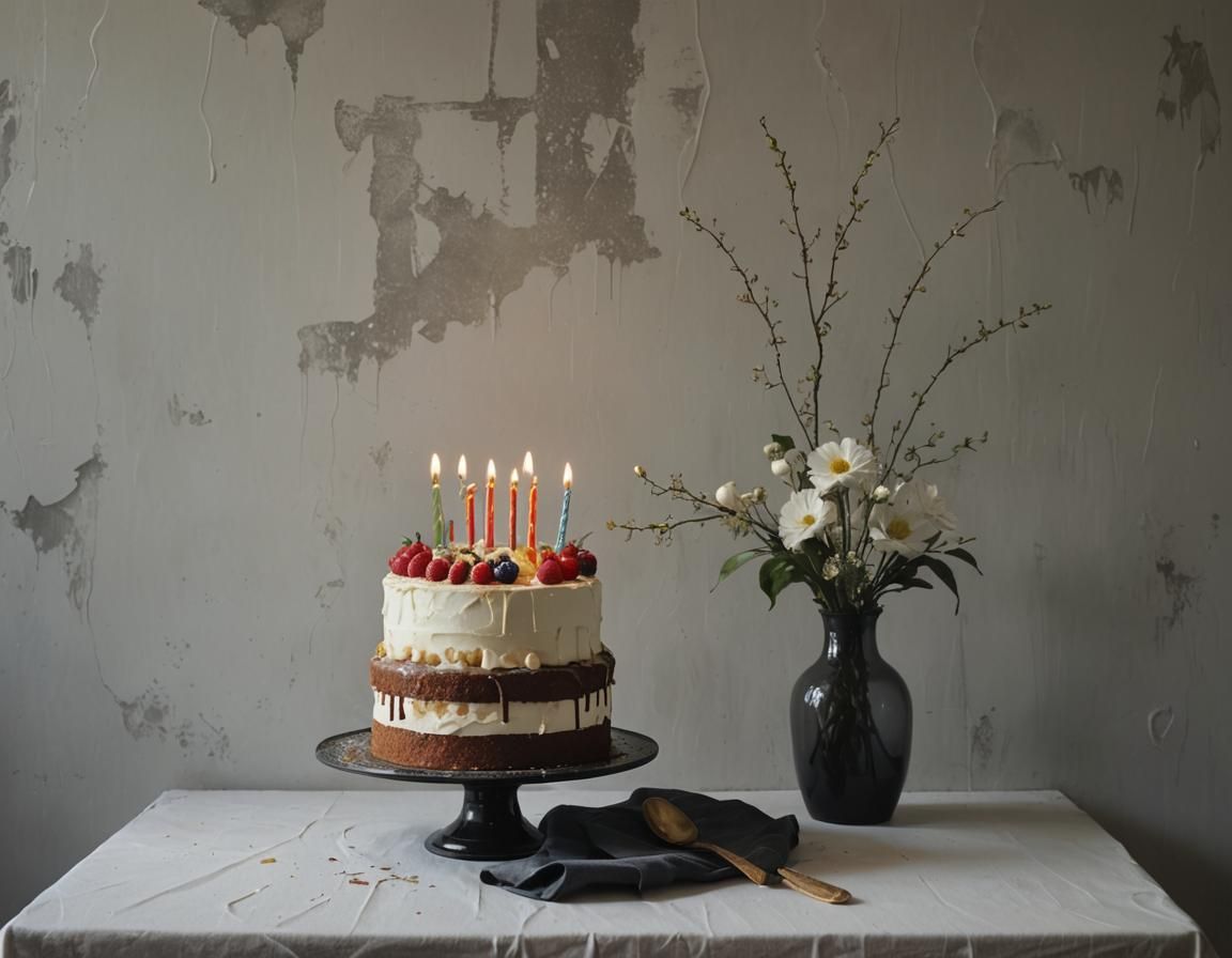 Surreal Birthday Cake Amidst Village Flooding in Impasto Sty...