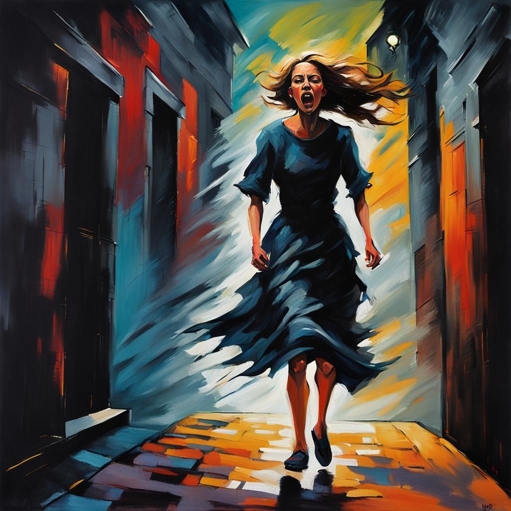 Expressionist Painting of Woman Fleeing Down Alley