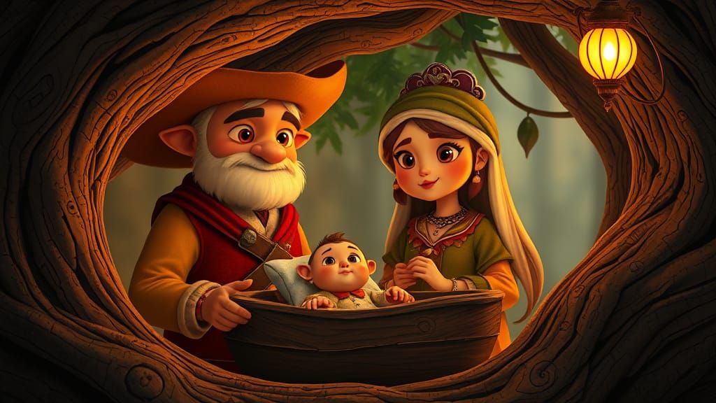 Cozy Family of Anthropomorphic Hedgehogs in a Warm Tree Holl...