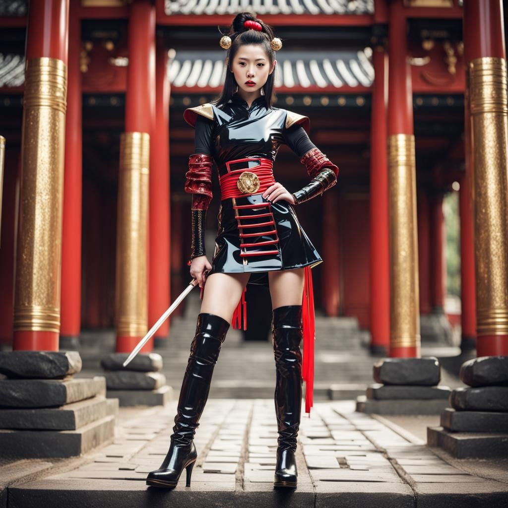 Female Samurai in Fantasy Latex Dress at Temple