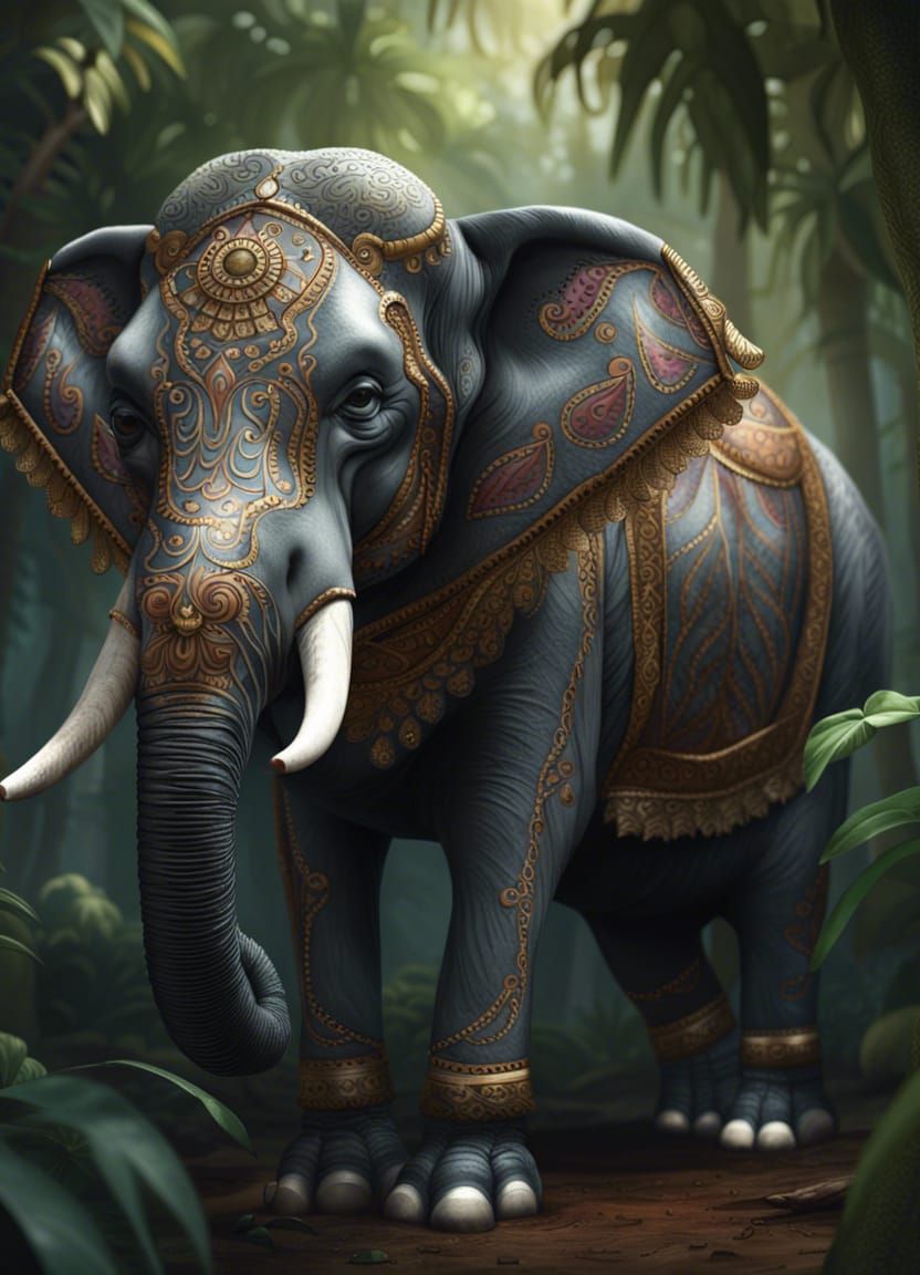 Ornate Elephant in Jungle, Hyperrealistic Splash Art