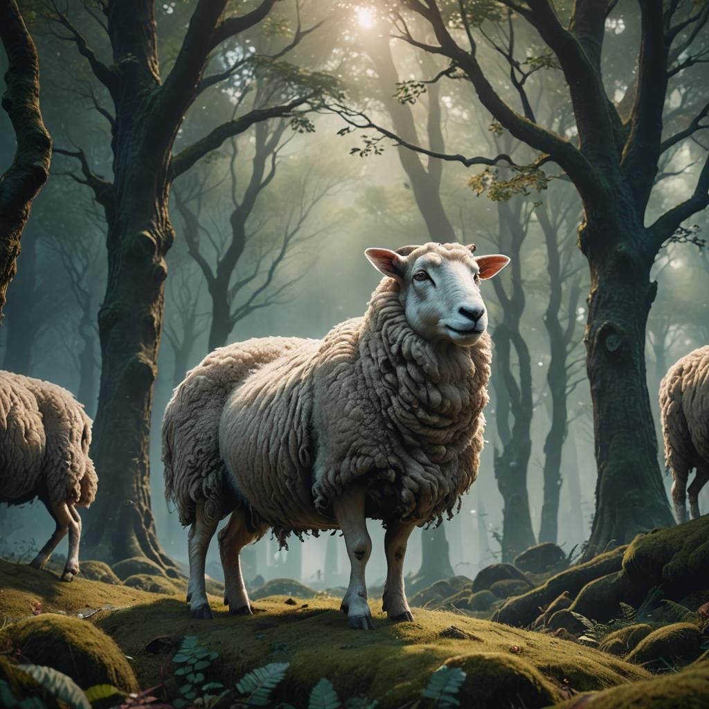 Mystical Sheep in Ancient Forest: Fantasy Art