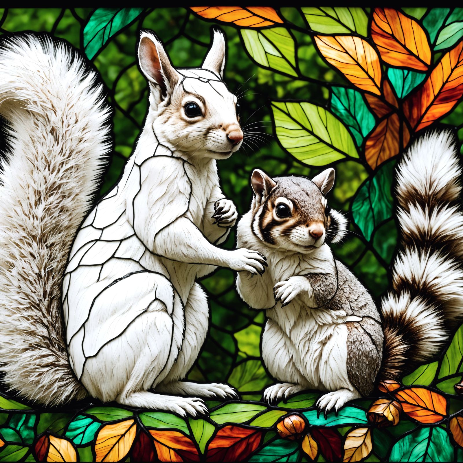 Stained-Glass Artwork: White Squirrel and Raccoon
