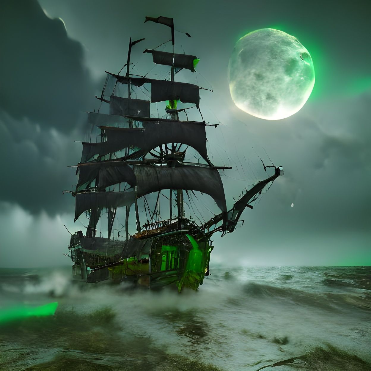 Skeleton Pirate Ship on Stormy Sea