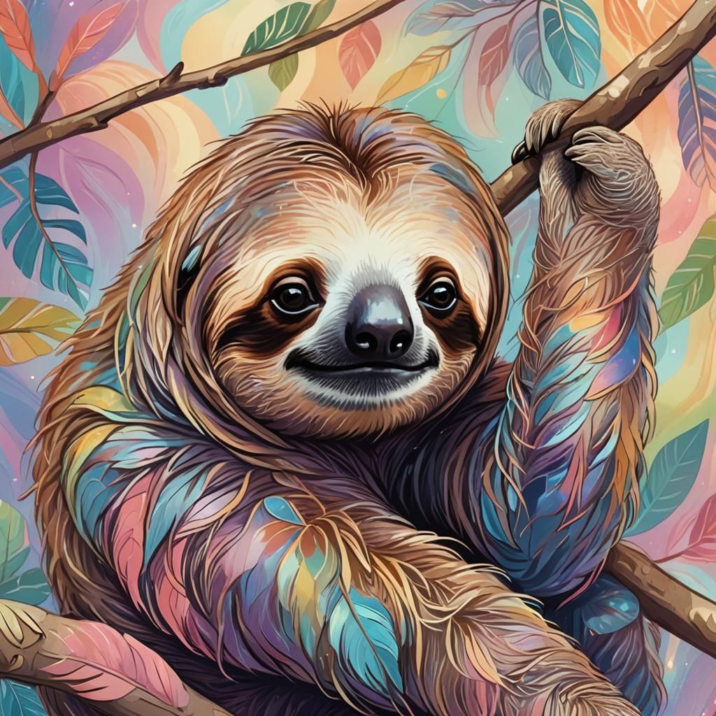 Pastel Rainbow Sloth Lounging: Whimsical Illustration