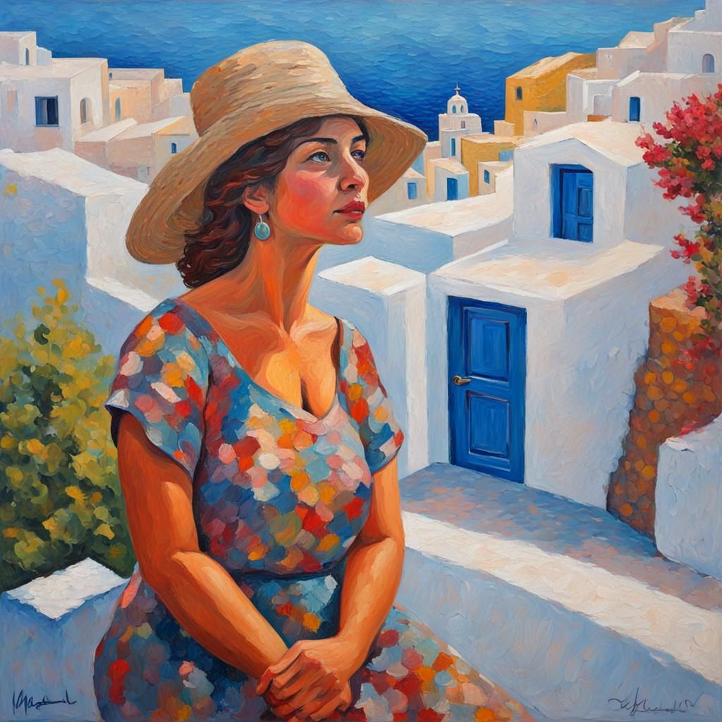 Woman Posing in Santorini: Expressionist Oil Painting