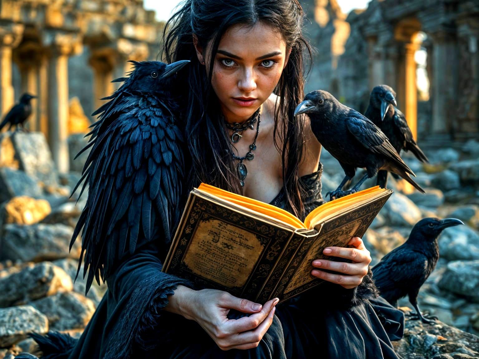 Mystical Witch in Ancient Ruins with Ravens