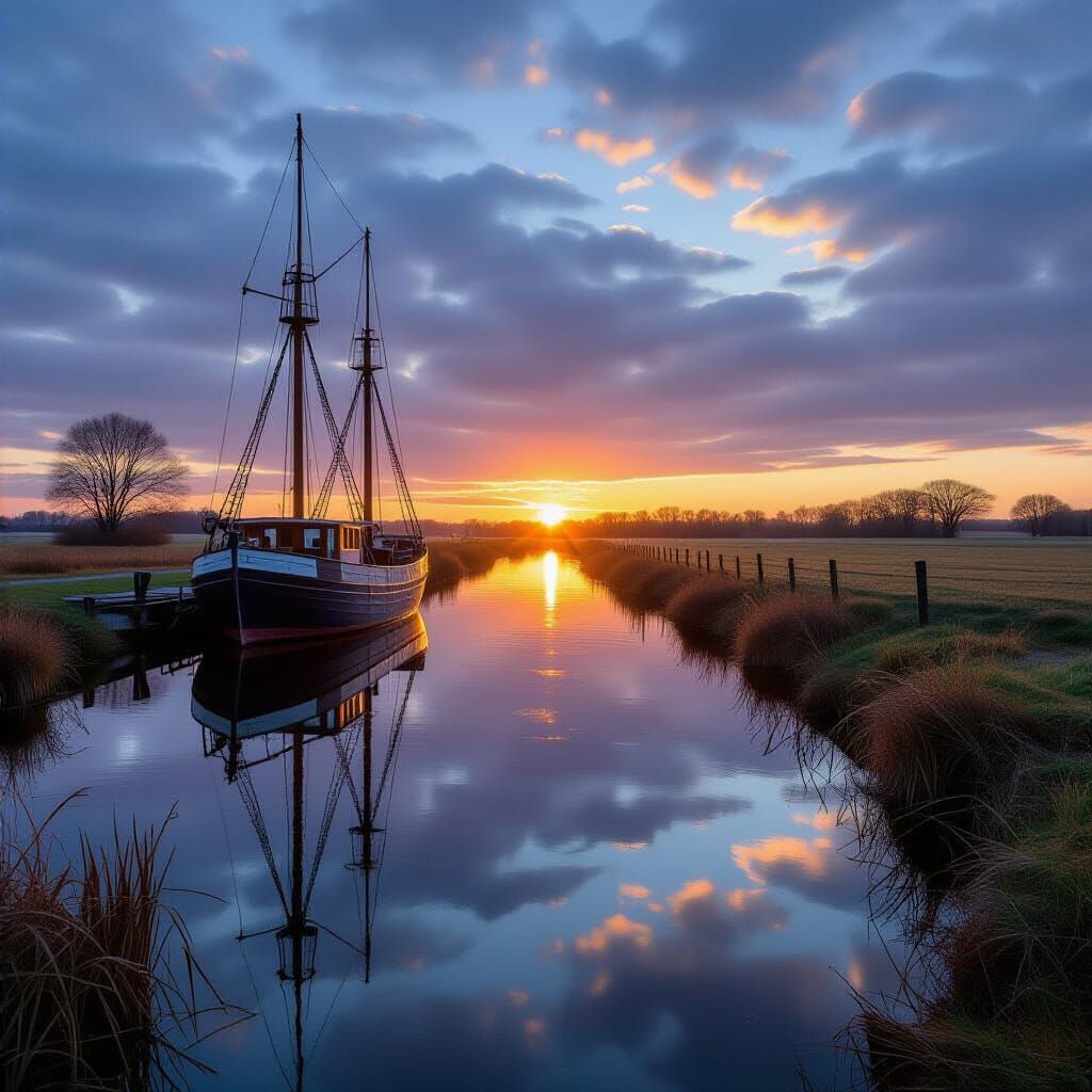 Autumn Sky with Birds and Clouds in Water Reflections