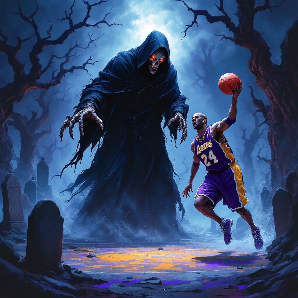 Scary grim reaper in a cemetery, plays  Basketball one-on-on...